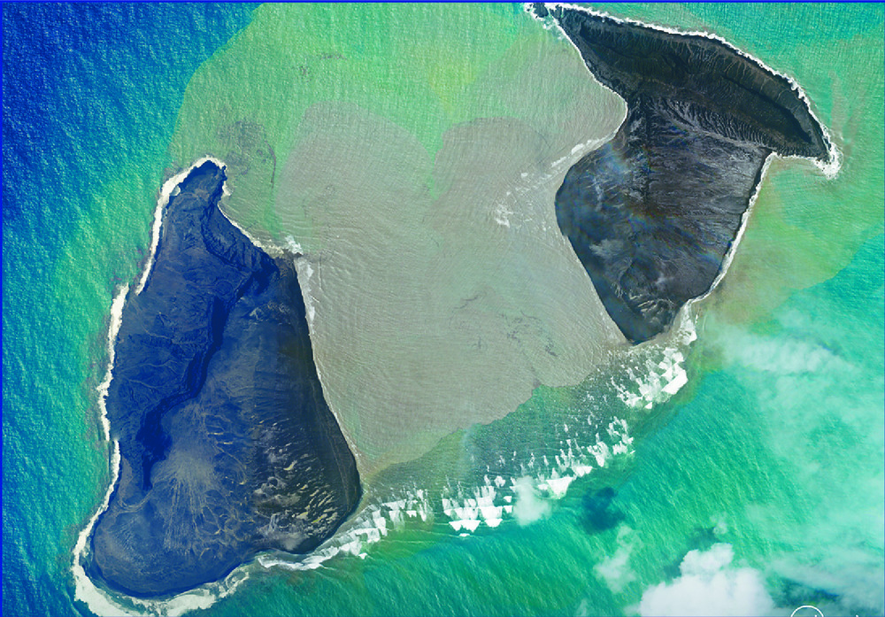 Satellite images show the undersea volcano emerging before erupting with a plume of ash and gas. REUTERS, AP