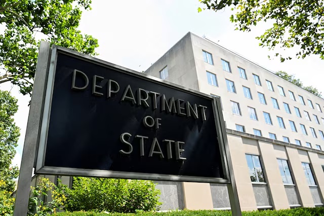 A general view of a U.S. State Department sign outside the U.S. State Department building in Washington, D.C., U.S., July 11, 2025. REUTERS/Annabelle Gordon/File Photo