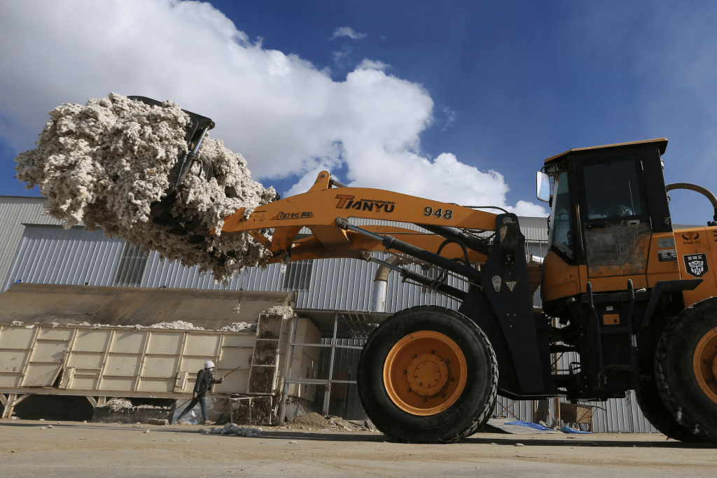 A machinery transports seed cotton at a processing plant in Kashgar, Xinjiang Uighur Autonomous Region, China April 2, 2021. cnsphoto via REUTERS