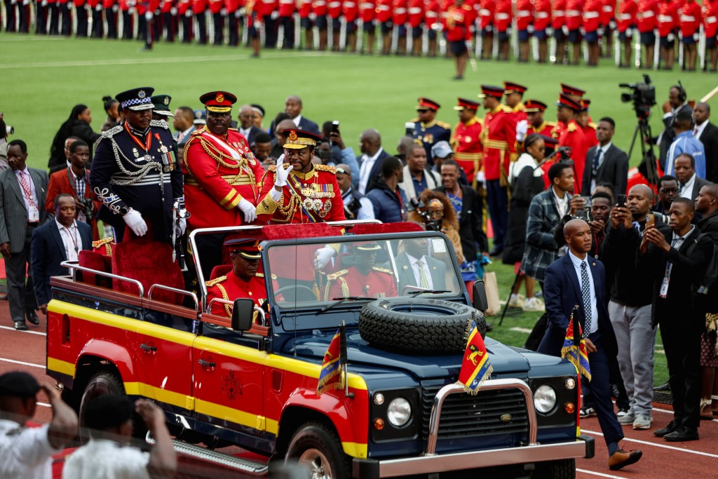 King Mswati III leaves after delivering a speech during a celebration for the 40th anniversary of his reign at Somhlolo Stadium near Mbabane, Eswatini, April 24, 2026. (Reuters)