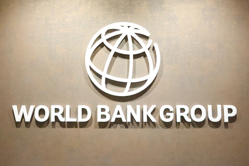 The World Bank Group logo is displayed on a office wall at the International Finance Corporation in Karachi, Pakistan February 4, 2026. REUTERS/Akhtar Soomro