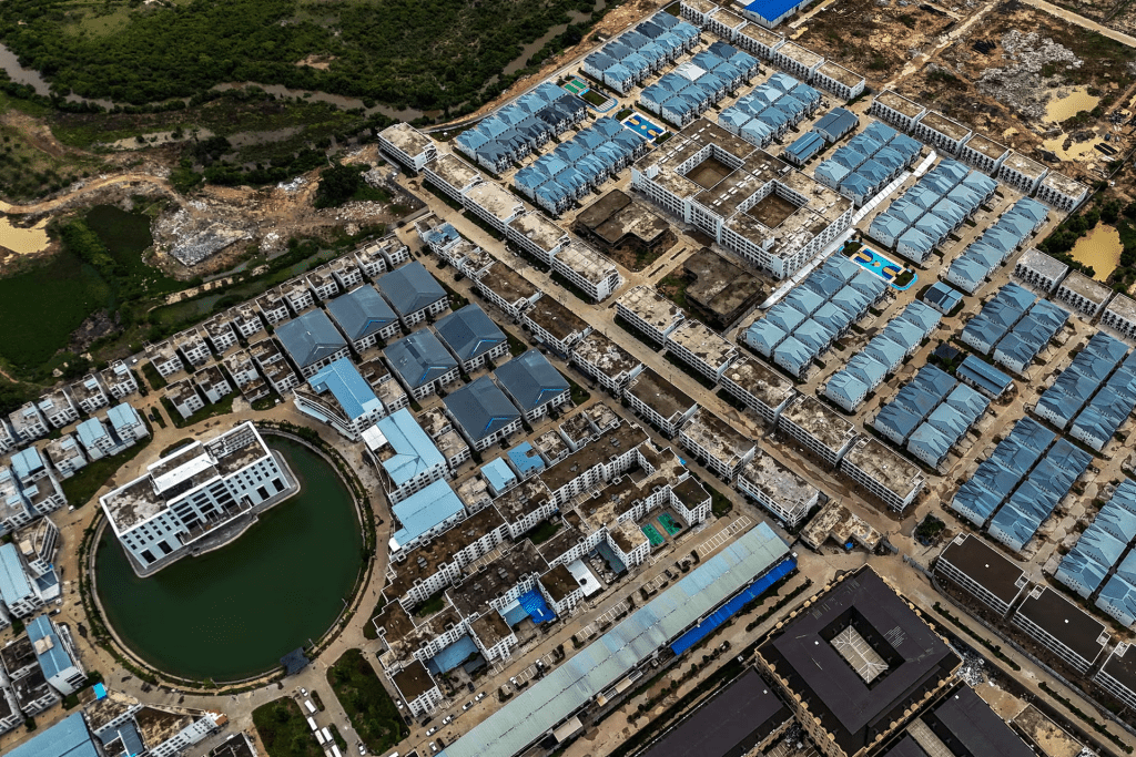 A drone view of the site of Legend Innovation Co., Ltd., also known as Meun Chey Commercial City or Legend Park, linked to online scam operations and forced labour abuses, in Tbong Wat village, Krabao commune, Komchay Mea district, Prey Veng province, Cambodia, September 21, 2026. REUTERS/Soveit Yarn