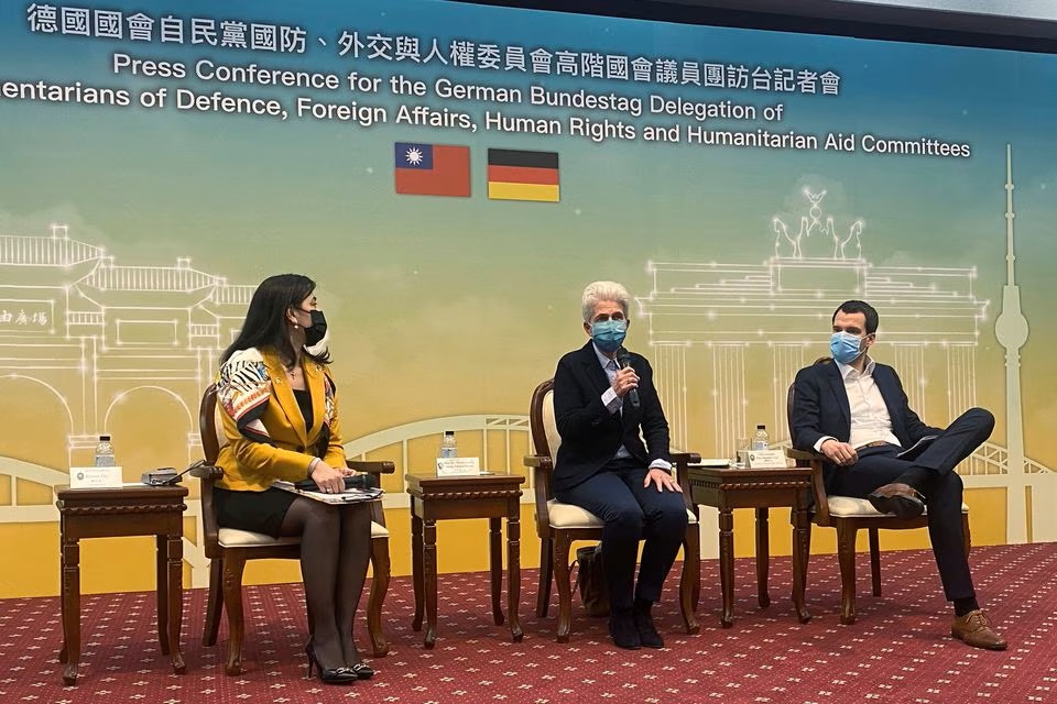 Marie-Agnes Strack-Zimmermann, head of Germany's parliamentary defence committee, speaks next to German lawmaker Johannes Vogel and Taiwan Foreign Ministry spokesperson Joanne Ou. (Reuters) Marie-Agnes Strack-Zimmermann, head of Germany's parliamentary defence committee, speaks next to German lawmaker Johannes Vogel and Taiwan Foreign Ministry spokesperson Joanne Ou. (Reuters)