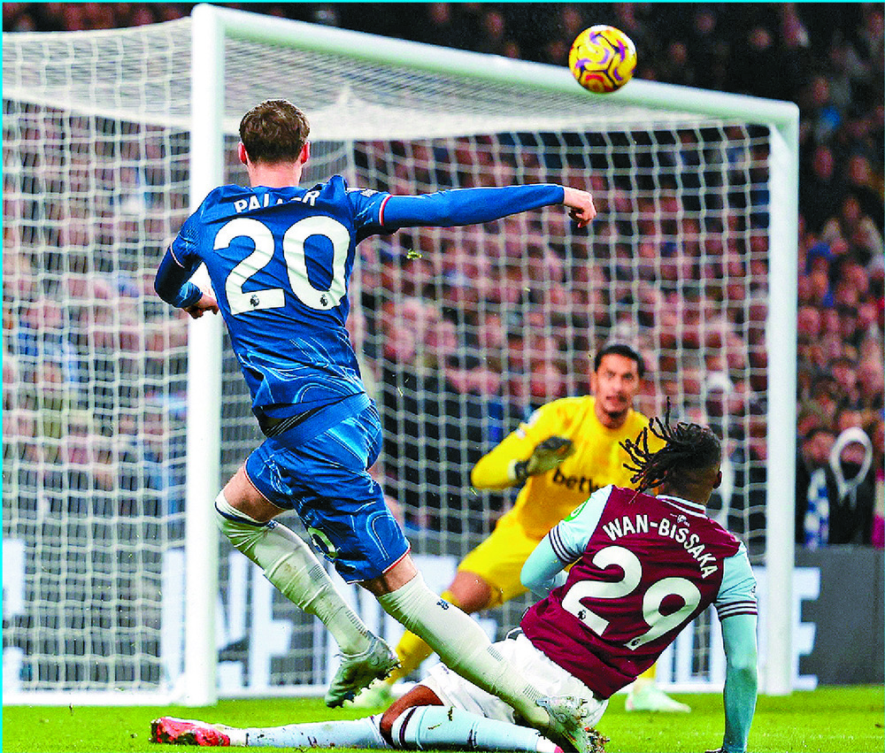 Cole Palmer's shot is deflected in by Aaron Wan-Bissaka. AFP Cole Palmer's shot is deflected in by Aaron Wan-Bissaka. AFP