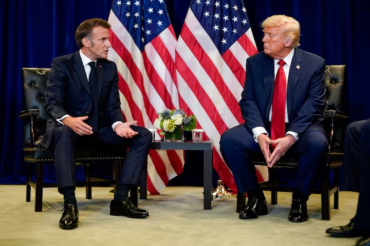 U.S. President Donald Trump meets with French President Emmanuel Macron during the 80th United Nations General Assembly, in New York City, New York, U.S., September 23, 2025. REUTERS/Al Drago/File Photo