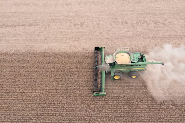 An aerial view of a combine harvester as it harvests soybeans in Deerfield, Ohio, U.S., October 7, 2021. Picture taken with a drone. Picture taken October 7, 2021. REUTERS/Dane Rhys/File Photo 