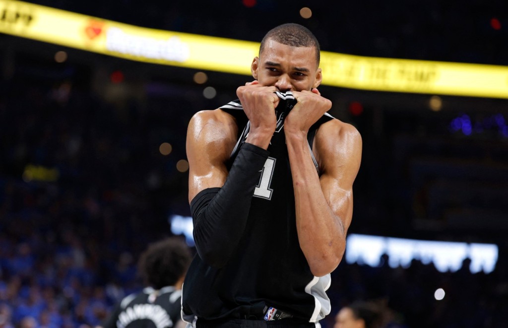 Victor Wembanyama gets emotional during the  series-clinching win over Oklahoma City.  REUTERS