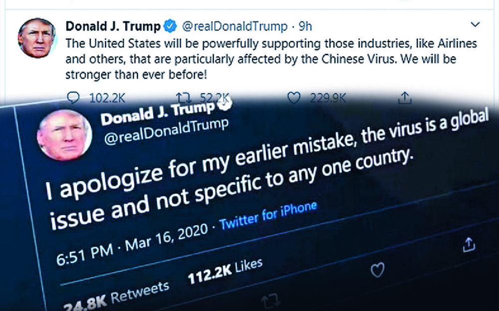A fake-news 'apology' after Donald Trump's 'Chinese virus' tweet. A fake-news 'apology' after Donald Trump's 'Chinese virus' tweet.