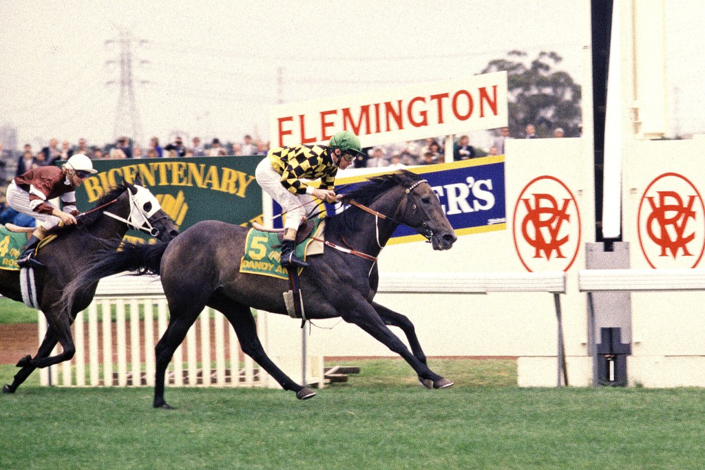 Brent Thomson drives Dandy Andy to a dramatic win in the 1988 G1 Australian Cup at Flemington (BRUNO CANNATELLI) 