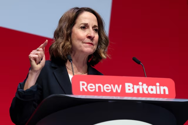 British Science, Innovation and Technology Secretary Liz Kendall gestures as she speaks on stage at Britain's Labour Party's annual conference in Liverpool, Britain, September 29, 2025. REUTERS/Hannah McKay 