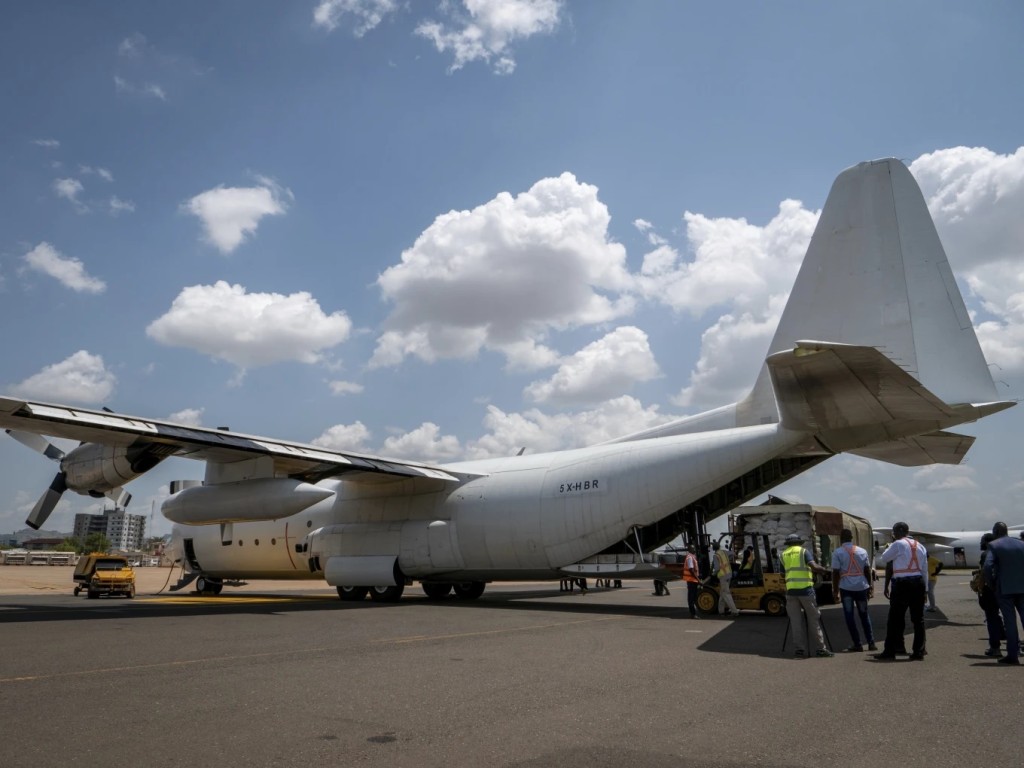 A Fogbow aid plane is loaded at an airport in Juba, South Sudan, on Monday, June 9, 2025, before conducting airdrops of food in the Upper Nile region. (AP Photo/ Florence Miettaux)