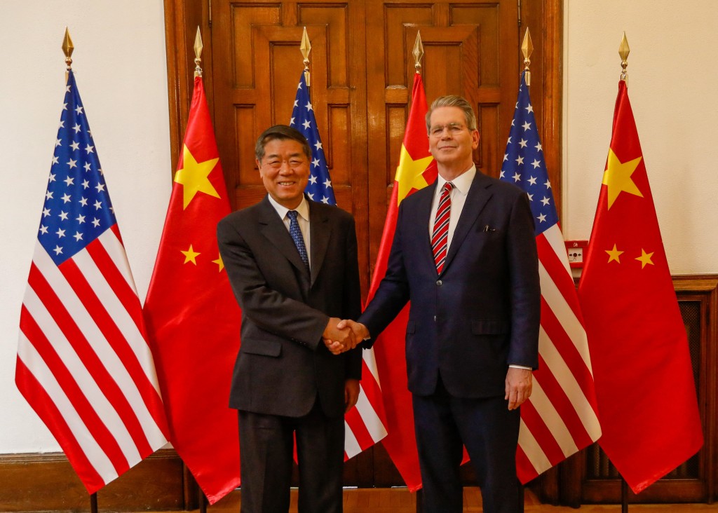 U.S. Treasury Secretary Scott Bessent and Chinese Vice Premier He Lifeng pose during U.S.-China trade and economic talks at Santa Cruz Palace, Spain's main foreign ministry office, in Madrid, Spain, September 14, 2025. United States Treasury/Handout via Reuters.