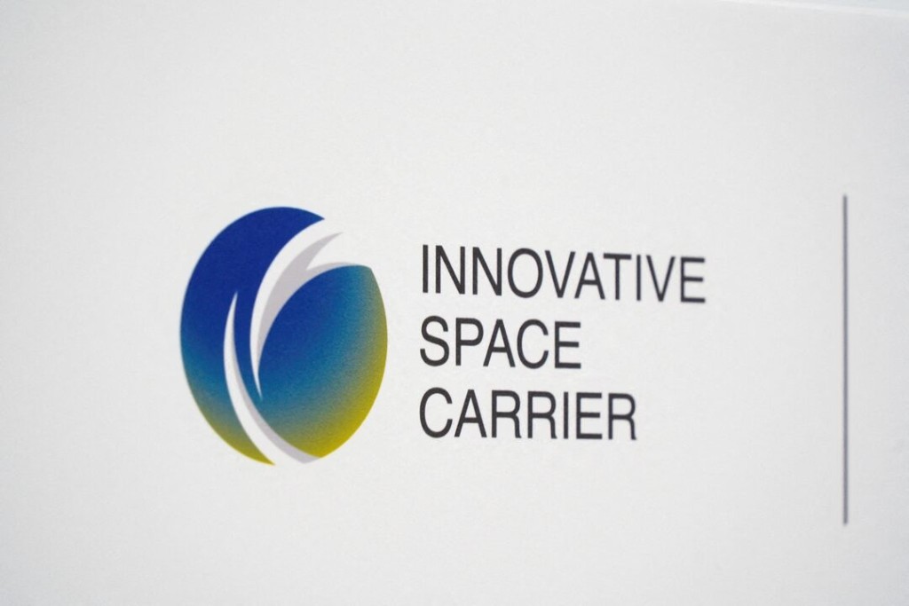 The logo of Innovative Space Carrier is displayed at a press conference in Yokohama, Japan, May 28, 2025. REUTERS/Kantaro Komiya