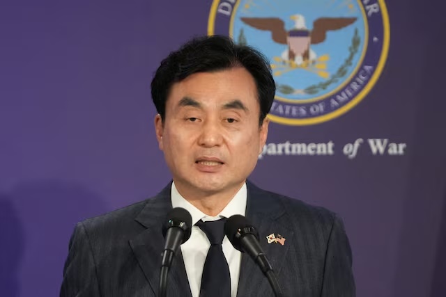 South Korean Defense Minister Ahn Gyu-back speaks during the joint press conference with U.S. Defense Secretary Pete Hegseth, following the 57th Security Consultative Meeting at the Defense Ministry in Seoul, South Korea, Tuesday, Nov. 4, 2025. Lee Jin-man/Pool via REUTERS/File Photo
