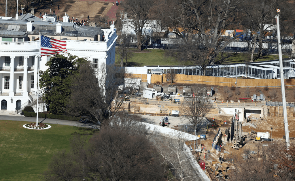 The construction of U.S.President Donald Trump's White House ballroom continues in Washington, D.C., U.S., January 12, 2026. REUTERS/Kevin Lamarque/File Photo 