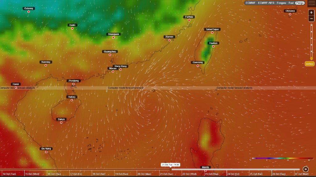The Pangu system suggests that the area of low pressure will weaken 200 kilometers southeast of Hong Kong. (HKO)