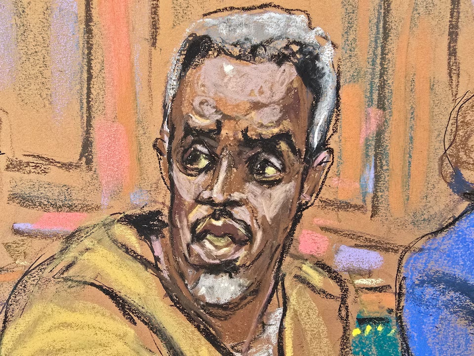 Sean 'Diddy' Combs reacts during a hearing ahead of his trial on sex trafficking charges at U.S. Court in New York City, U.S., May 1, 2025, in this courtroom sketch. REUTERS/Jane Rosenberg/File Photo 