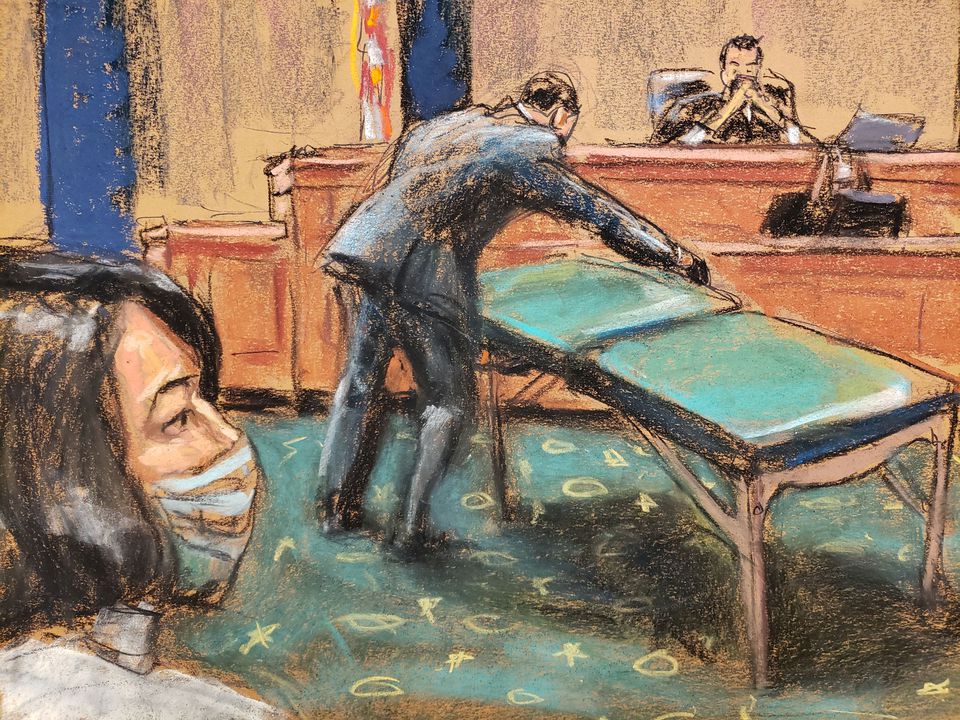 A massage table is displayed in court during the trial of Ghislaine Maxwell, the Jeffrey Epstein associate accused of sex trafficking, in a courtroom sketch in New York City, U.S. (Reuters) A massage table is displayed in court during the trial of Ghislaine Maxwell, the Jeffrey Epstein associate accused of sex trafficking, in a courtroom sketch in New York City, U.S. (Reuters)