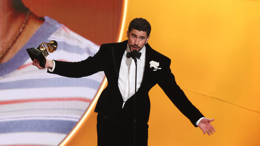 Puerto Rican singer Bad Bunny led the charge among artists calling for 'ICE out' at the Grammys, in reference to the immigration crackdown that is causing controversy across the United States © VALERIE MACON / AFP