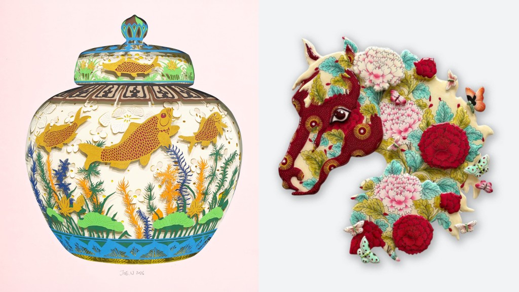 A paper-cut artwork featuring fish by Joe Wong (left) The Stallion of fortune and beauty artwork by Mia Nel (right)