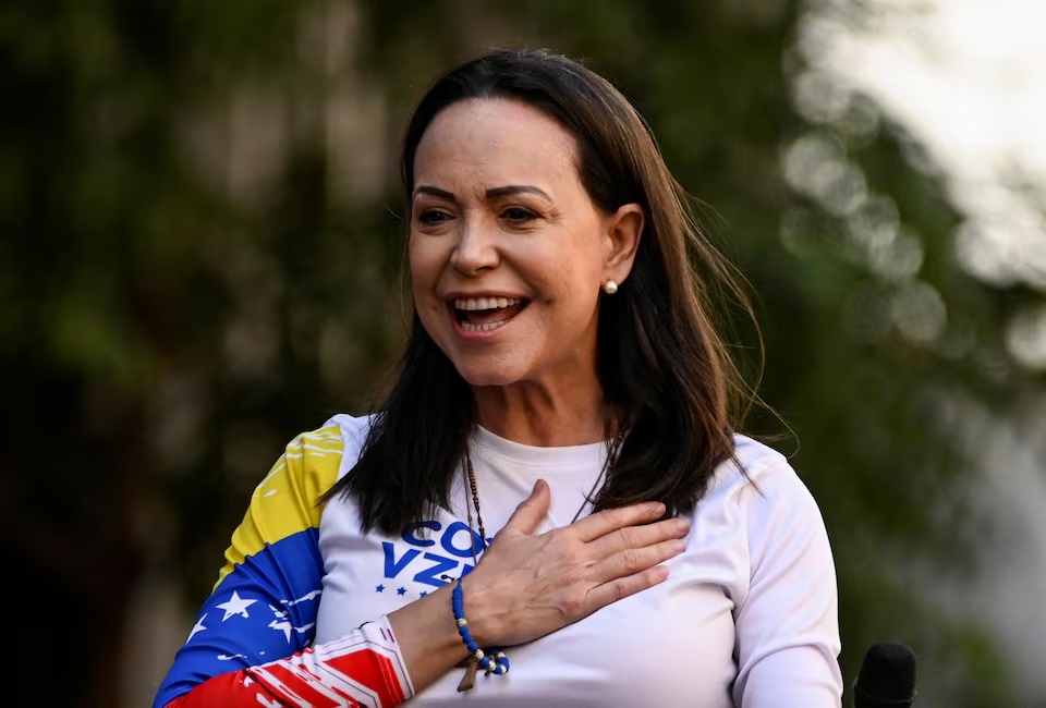 Venezuelan opposition leader Maria Corina Machado gestures at a protest ahead of the Friday inauguration of President Nicolas Maduro for his third term, in Caracas, Venezuela January 9, 2025. REUTERS/Maxwell Briceno