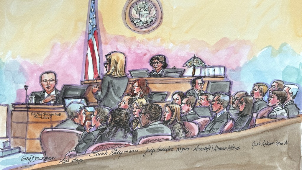 OpenAI President Greg Brockman testifies during Elon Musk's lawsuit trial over OpenAI's for-profit conversion before U.S. District Judge Yvonne Gonzalez Rogers at a federal courthouse in Oakland, California, U.S., May 4, 2026, in a courtroom sketch. REUTERS