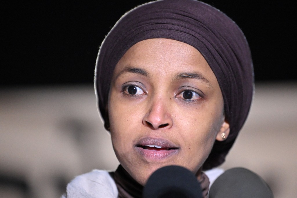 Photo by MANDEL NGAN / AFP US Representative Ilhan Omar,D-MN, speaks during a news conference calling for a ceasefire between Israel and Hamas, on Capitol Hill in Washington, DC, on November 13, 2023.
