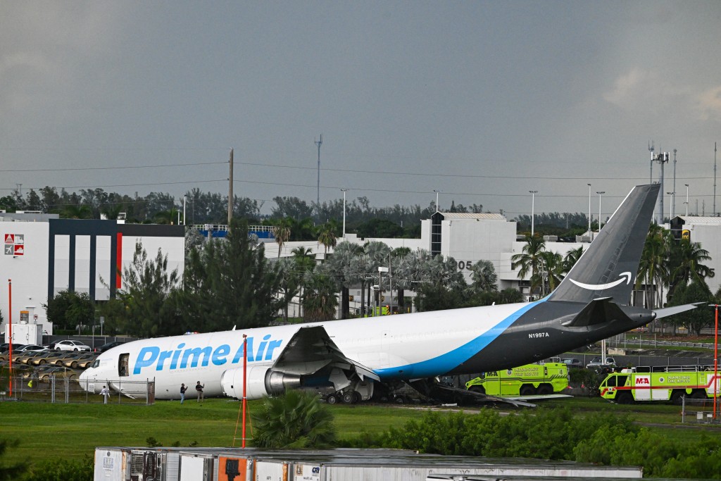A Prime Air cargo plane is seen at Miami International Airport after it overran the runway at Miami International Airport in Miami, Florida, on September 6, 2026. (AFP) A Prime Air cargo plane is seen at Miami International Airport after it overran the runway at Miami International Airport in Miami, Florida, on September 6, 2026. (AFP)