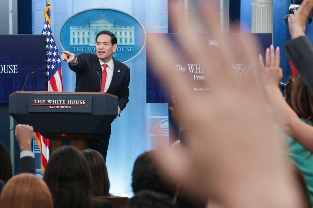 U.S. Secretary of State Marco Rubio takes questions during a press conference in the Brady Press Briefing Room at the White House on May 05, 2026 in Washington, DC. With White House Press Secretary Karoline Leavitt away on maternity leave, U.S. Secretary of State Marco Rubio took questions on the ongoing hostilities with Iran. Alex Wong/Getty Images/AFP