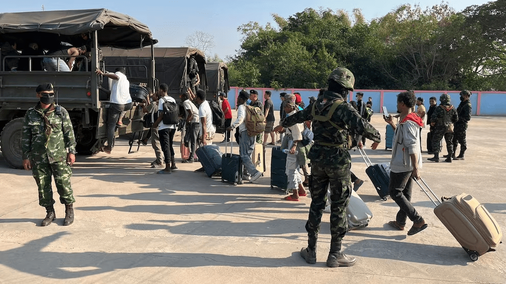 In this photo released by Royal Thai Army, more than 250 people from 20 nations who were reportedly rescued from alleged scam centers in Myanmar, as they crossed into Thailand's Tak province on Wednesday, Feb. 12, 2025. (Royal Thai Army, by Army Spokesperson via AP) In this photo released by Royal Thai Army, more than 250 people from 20 nations who were reportedly rescued from alleged scam centers in Myanmar, as they crossed into Thailand's Tak province on Wednesday, Feb. 12, 2025. (Royal Thai Army, by Army Spokesperson via AP)
