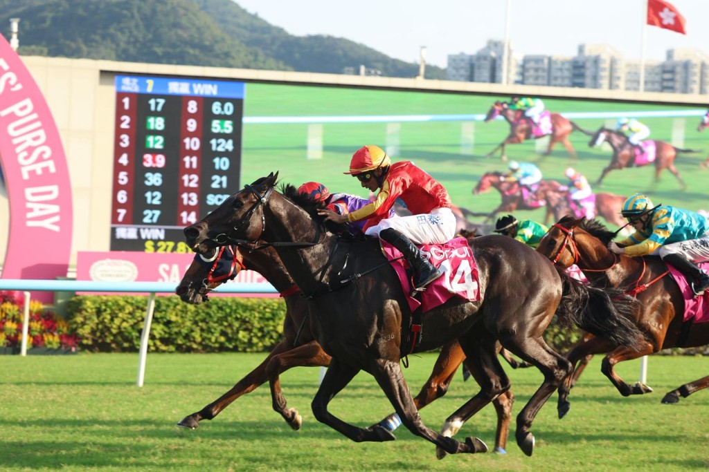 Karis Teetan drives Encountered to a dramatic win in the G3 Sa Sa Ladies' Purse at Sha Tin SING TAO