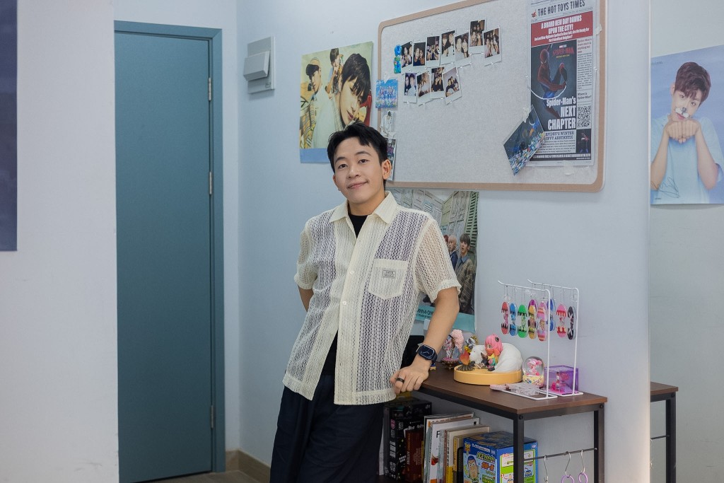Matthew poses at his studio, where his love for K-pop and dance can be seen throughout the space. Matthew poses at his studio, where his love for K-pop and dance can be seen throughout the space.