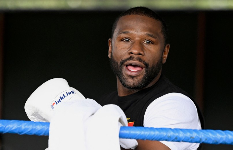 Floyd Mayweather Jr gestures during a public training session for an exhibition fight in 2024. AFP