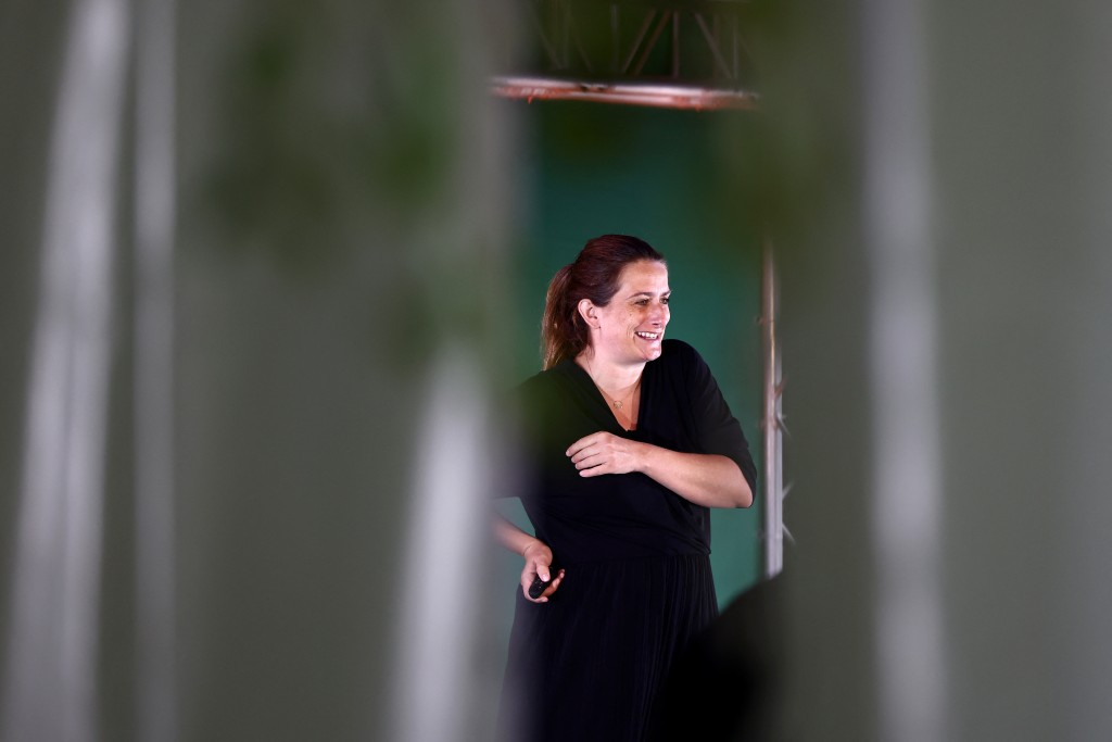 National secretary of French The Ecologistes party Marine Tondelier rehearses her speech prior to the 'Journees d'ete' summer meeting of the party in Grenoble, southeastern France, on August 20, 2026. (Photo by Alex MARTIN / AFP)