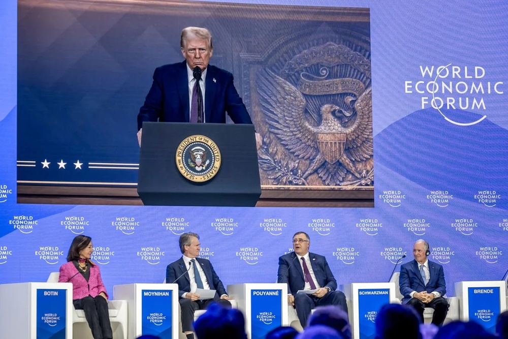 US President Donald Trump delivers a video address at the World Economic Forum annual meeting in Davos on January 23. Fabrice Coffrini/AFP/Getty Images