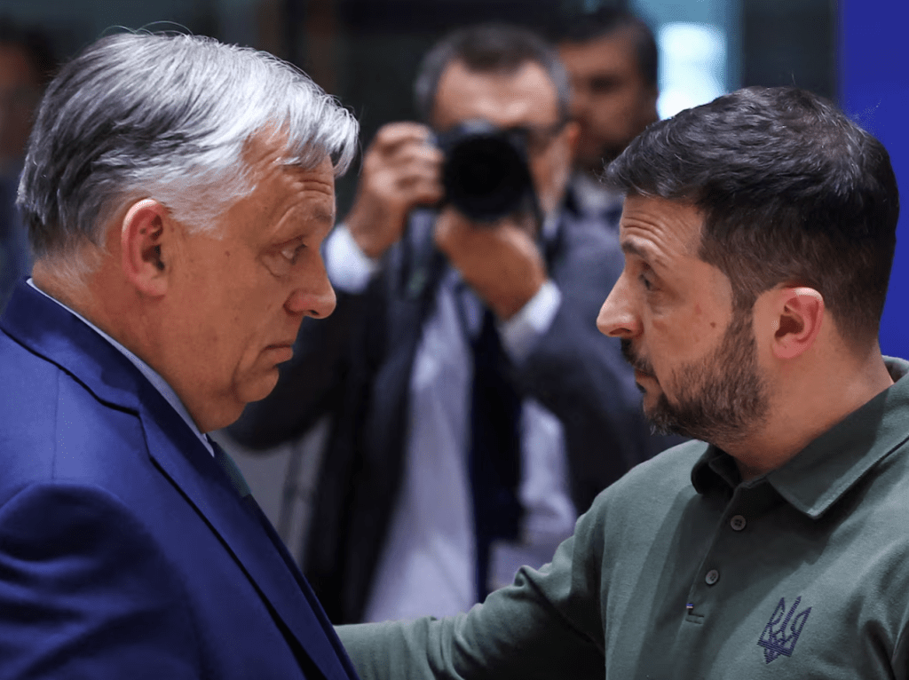 Hungary's Prime Minister Viktor Orban and Ukrainian President Volodymyr Zelenskiy attend a European Union leaders' summit in Brussels, Belgium June 27, 2024. (REUTERS/Yves Herman/File Photo)