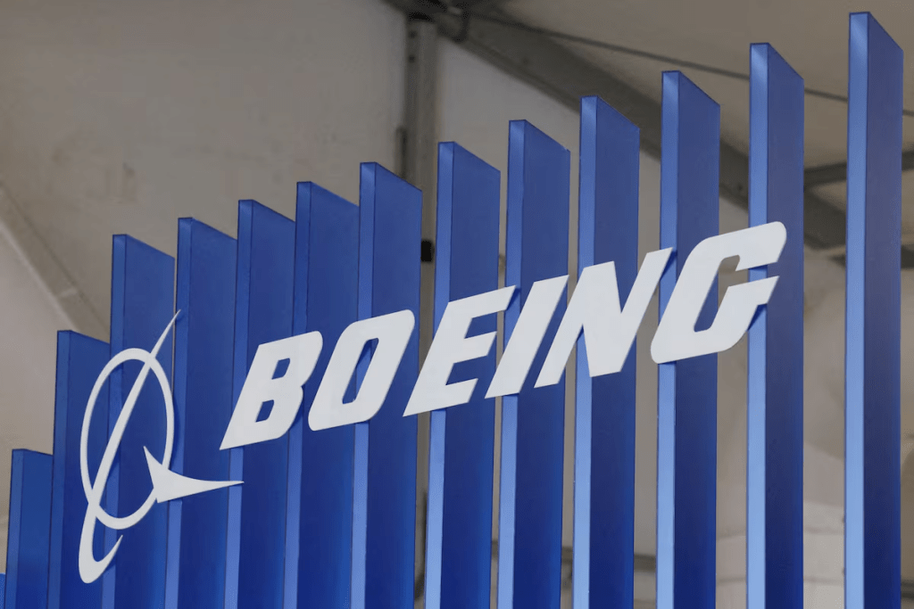 The logo of Boeing company is displayed at the Australian International Airshow in Avalon, Australia March 26, 2025. REUTERS/Hollie Adams/File Photo