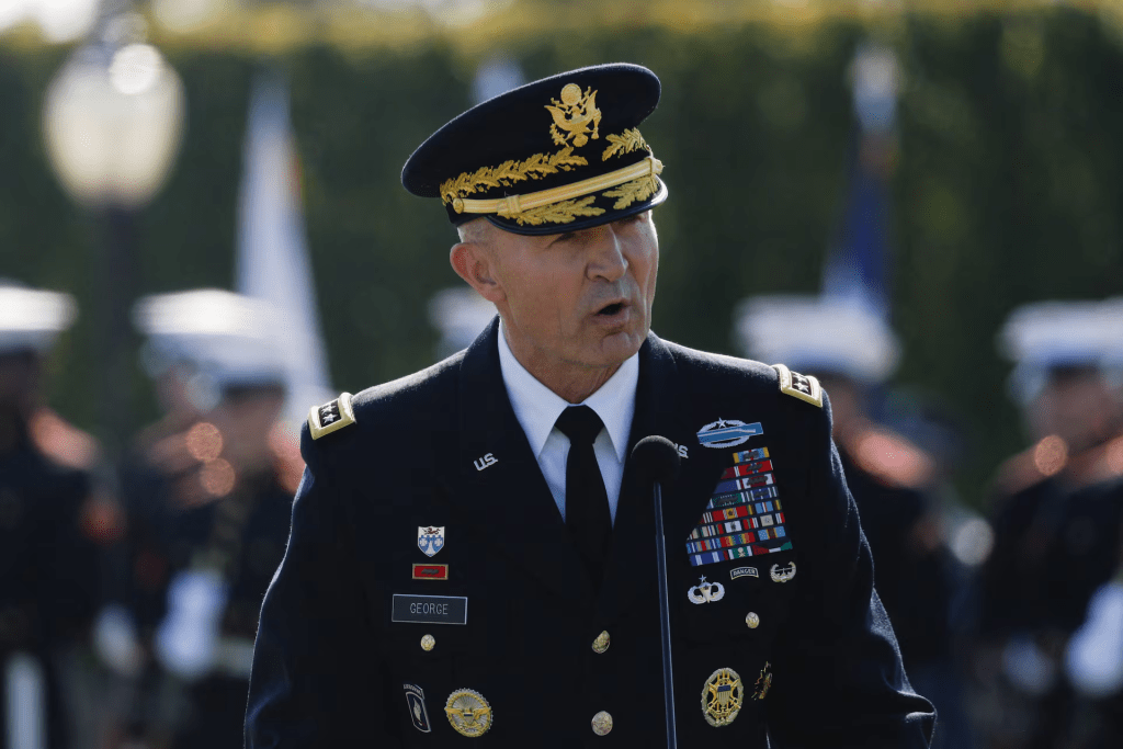 General Randy George, Chief of Staff of the U.S. Army speaks during a ceremony honoring prisoners of war, at the Pentagon in Washington, D.C. U.S., September 19, 2025. REUTERS/Daniel Becerril
