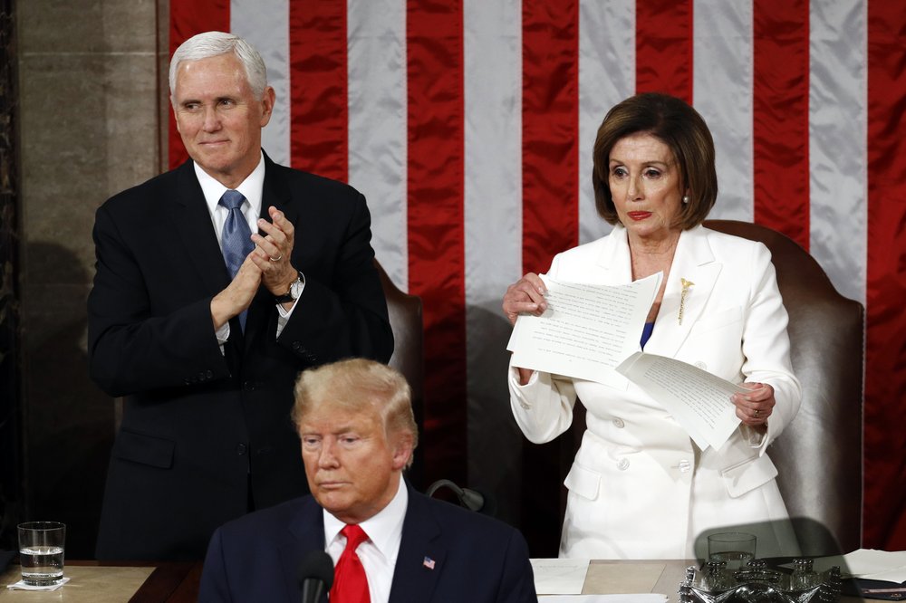 House Speaker Nancy Pelosi of California, tears her copy of President Donald Trump's s State of the Union address after he delivered it to a joint session of Congress on Capitol Hill in Washington, Tuesday. Vice President Mike Pence is at left. House Speaker Nancy Pelosi of California, tears her copy of President Donald Trump's s State of the Union address after he delivered it to a joint session of Congress on Capitol Hill in Washington, Tuesday. Vice President Mike Pence is at left.