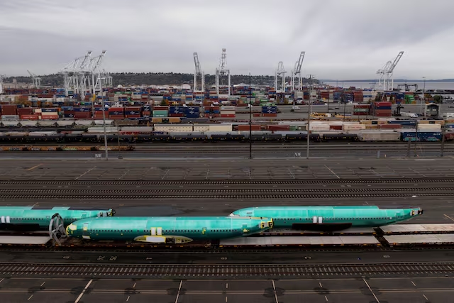 Boeing 737 Max fuselages sit on railcars during an ongoing strike by the company's factory workers in Seattle, Washington, U.S., October 30, 2024. (Reuters)