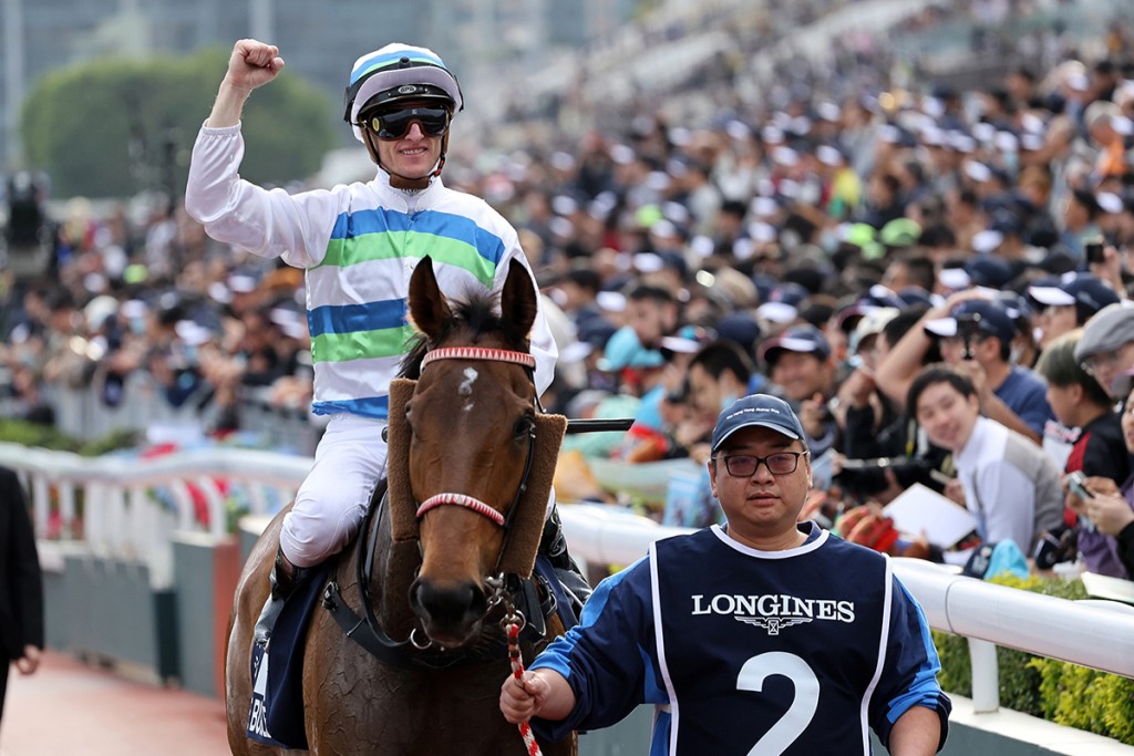 Zac Purton celebrates his G1 LONGINES Hong Kong Mile win on Voyage Bubble. HKJC
