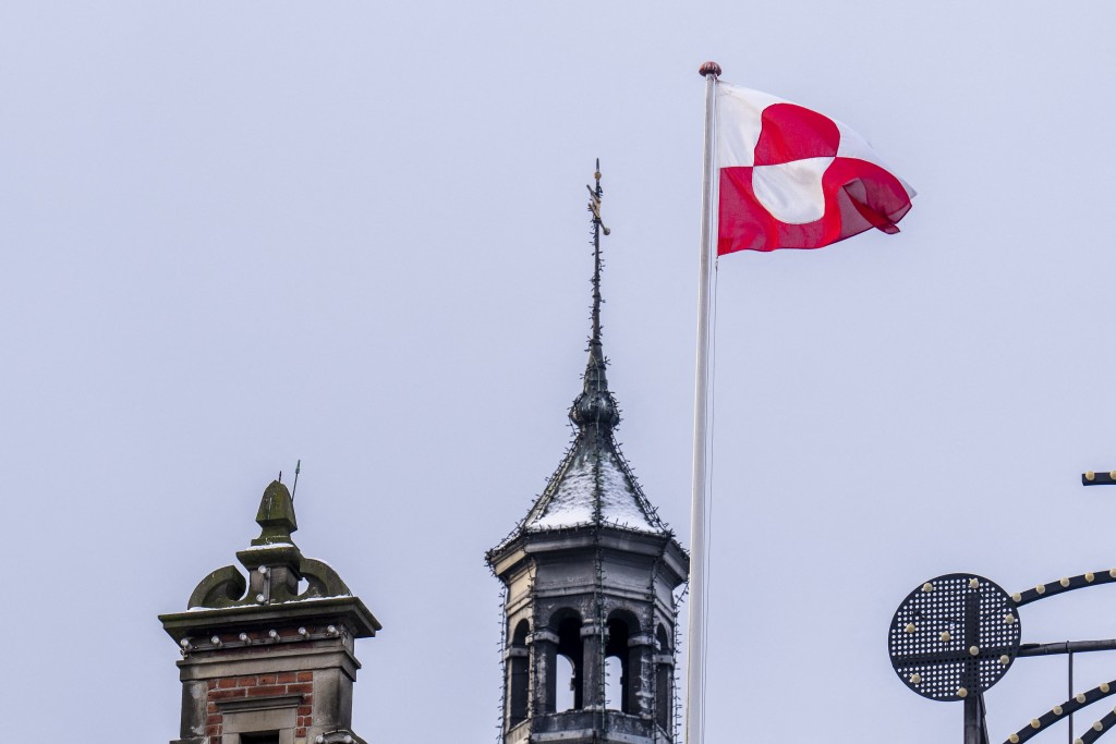 Photo by IDA MARIE ODGAARD / RITZAU SCANPIX / AFP  The Greenlandic flag (Erfalasorput) flies on the roof of Tivoli Castle in Copenhagen, on January 8, 2026.