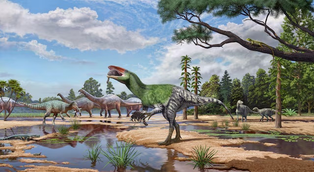 The meat-eating dinosaur Invictibellatrix amberina feeds on a mammal while grasping another in its ecosystem alongside other dinosaurs and other kinds of animals on the Isle of Wight, United Kingdom, in the Cretaceous Period around 120 million years ago, in this illustration released on October 13, 2026. Sergey Krasovskiy and Pedro Salas/Handout via REUTERS