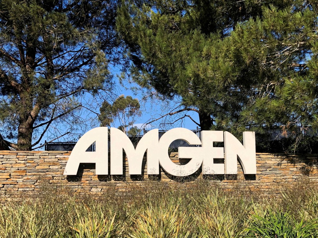 An Amgen sign is seen at the company's headquarters in Thousand Oaks, California, U.S., November 6, 2019. REUTERS