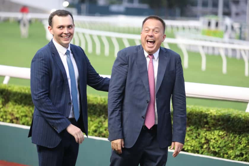 Ronan Fownes and his father Caspar Fownes celebrate their win in the last race with Sky Heart (Sing Tao) 