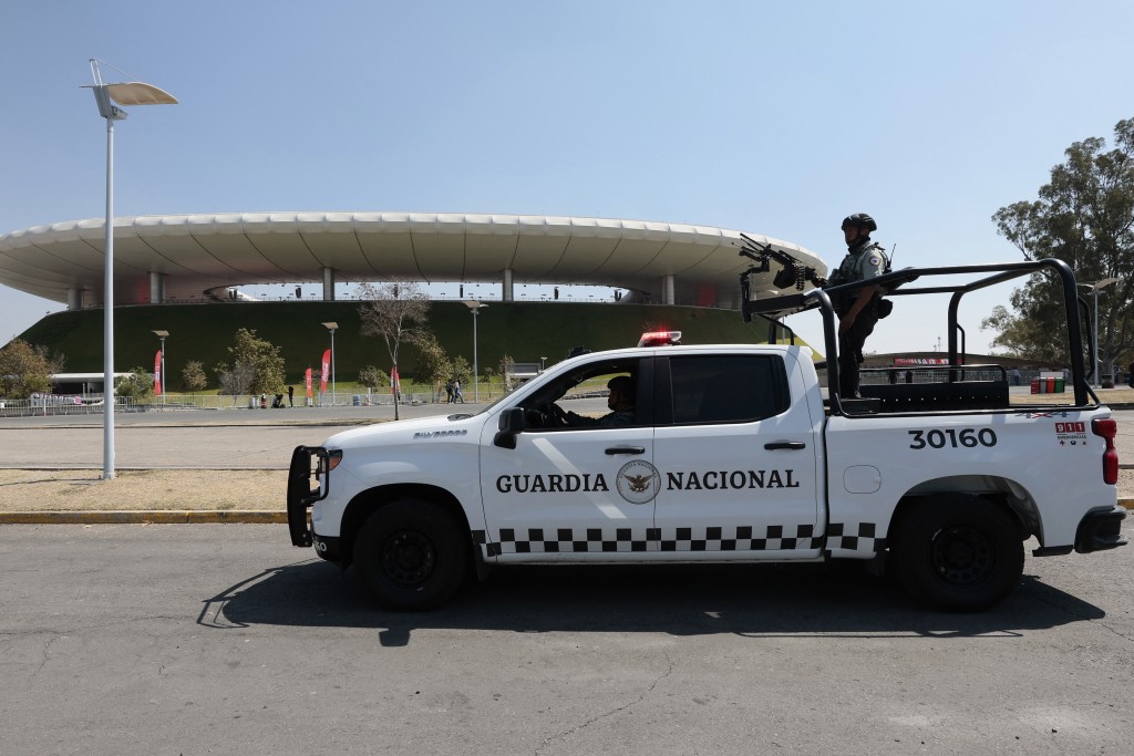 Members of the Mexican National Guard outside the Akron Stadium. AFP