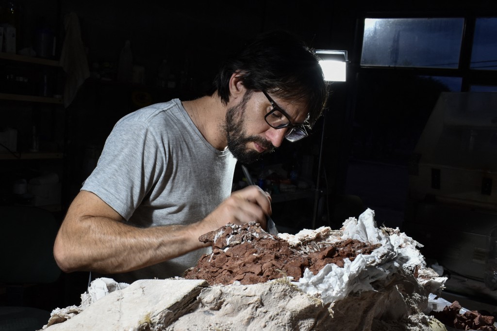 Handout picture released by Argentina's CONICET shows CONICET researcher Martin Hechenleitner preparing for analysis the skeleton of Huayracursor jaguensis - at the paleontology laboratory of Crilar in Anillaco, La Rioja province, Argentina, on October 15, 2025.  Photo by CONICET PRESS OFFICE / CONICET / AFP