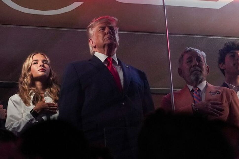 U.S. President Donald Trump listens to the national anthem as he attends Game 3 of the NBA playoffs at Madison Square Garden in New York City, New York, U.S., June 8, 2026. REUTERS/Nathan Howard