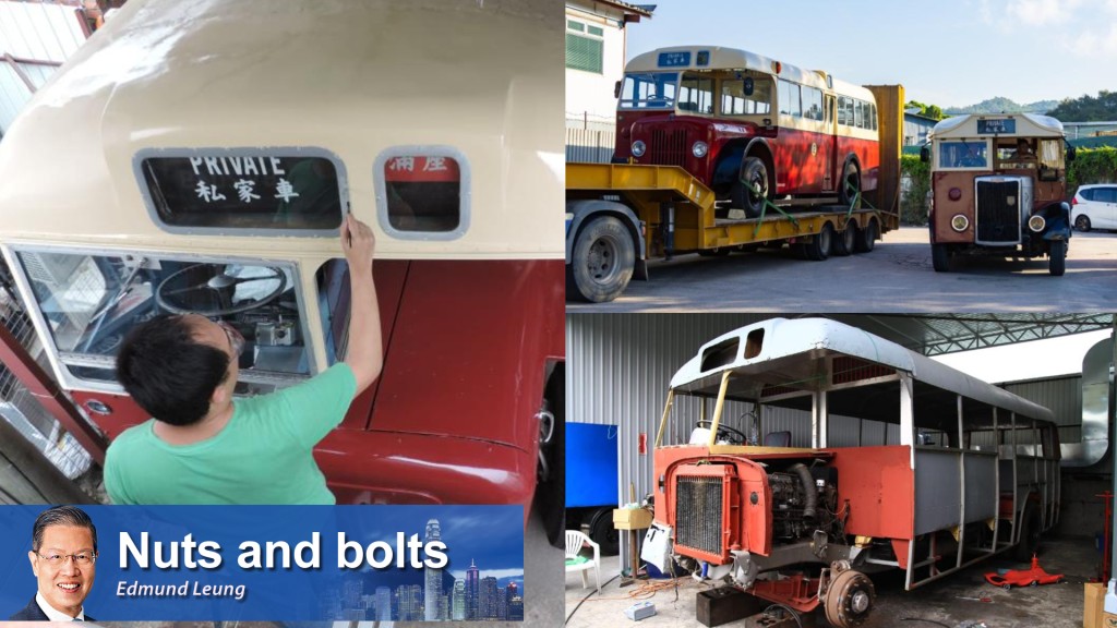 A vintage bus is towed back for storage after being displayed. Vintage buses are rehabilitated by restorers with the help of retired craftsmen.