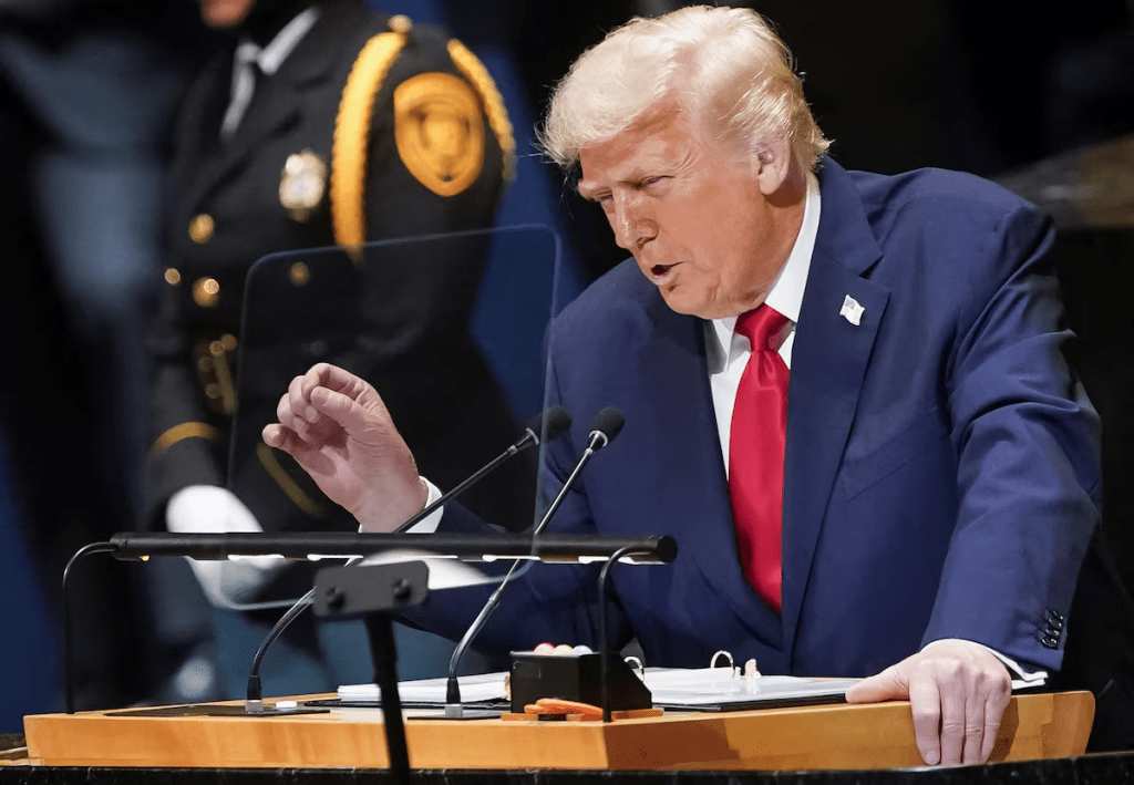 U.S. President Donald Trump addresses the 80th United Nations General Assembly, in New York City, New York, U.S., September 23, 2025. REUTERS/Al Drago